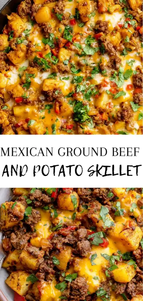 Mexican Ground Beef and Potato Skillet with Melted Cheese 10 Mexican Ground Beef and Potato Skillet recipe with golden potatoes, peppers, green chiles, and melted cheese