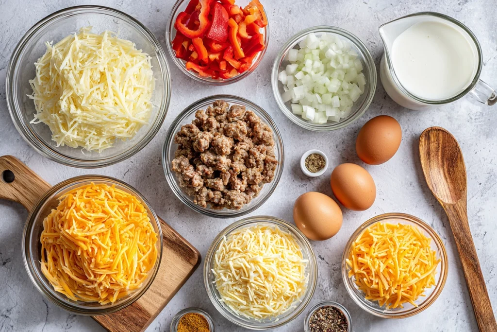 overhead view of ingredients for sausage hash brown casserole arranged on marble countertop