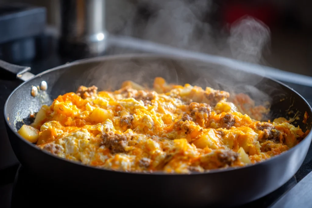 step image showing protein mix being added to protein loaded breakfast hash browns