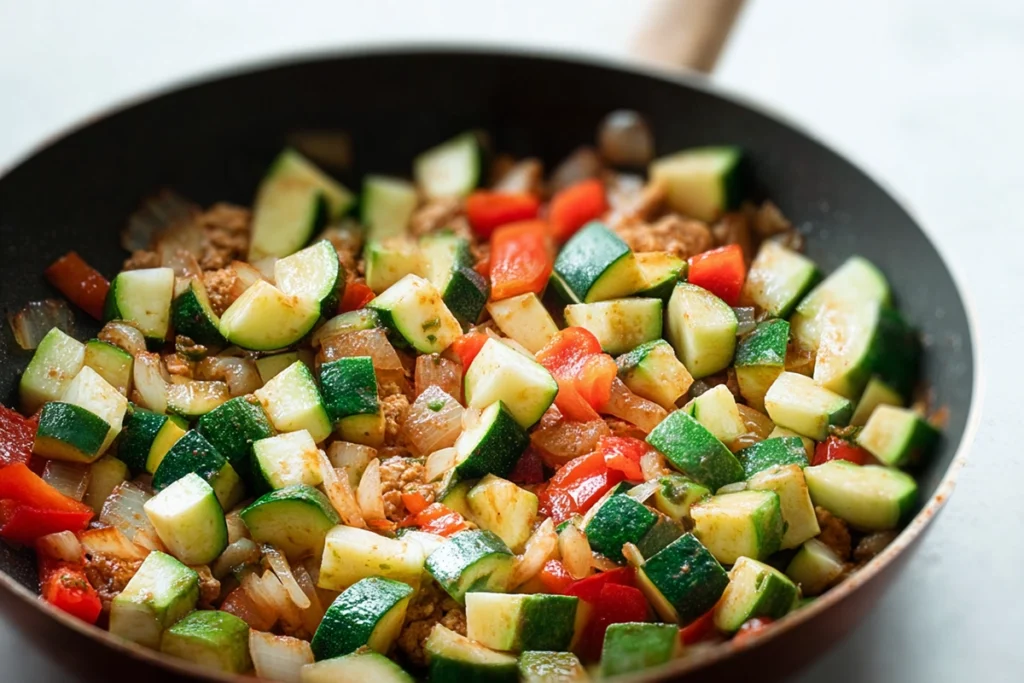 Close-up shot of zucchini and vegetables being cooked for Ground Turkey and Zucchini Skillet