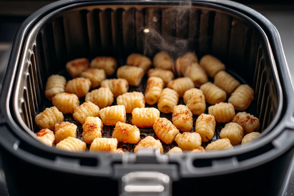 Close-up of gnocchi cooking in air fryer basket with golden crisp texture forming