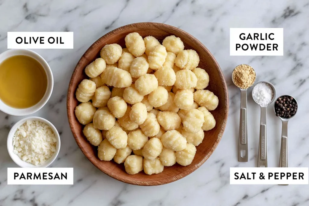 Crispy Air Fryer Gnocchi for an Easy No-Boil Side 2 Air Fryer Gnocchi ingredients with olive oil, parmesan, garlic powder, oregano, salt, and pepper