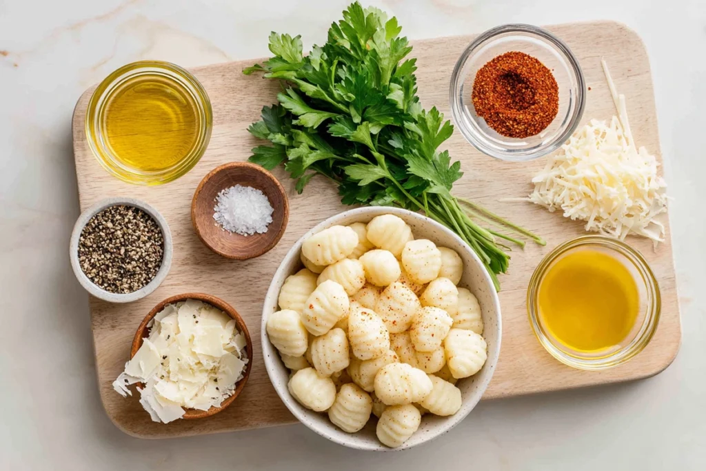 Overhead shot of Air Fryer Gnocchi ingredients arranged neatly in glass bowls on a wooden board