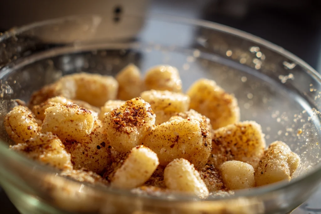 Air Fryer Gnocchi being tossed in olive oil and seasoning in a glass bowl before cooking