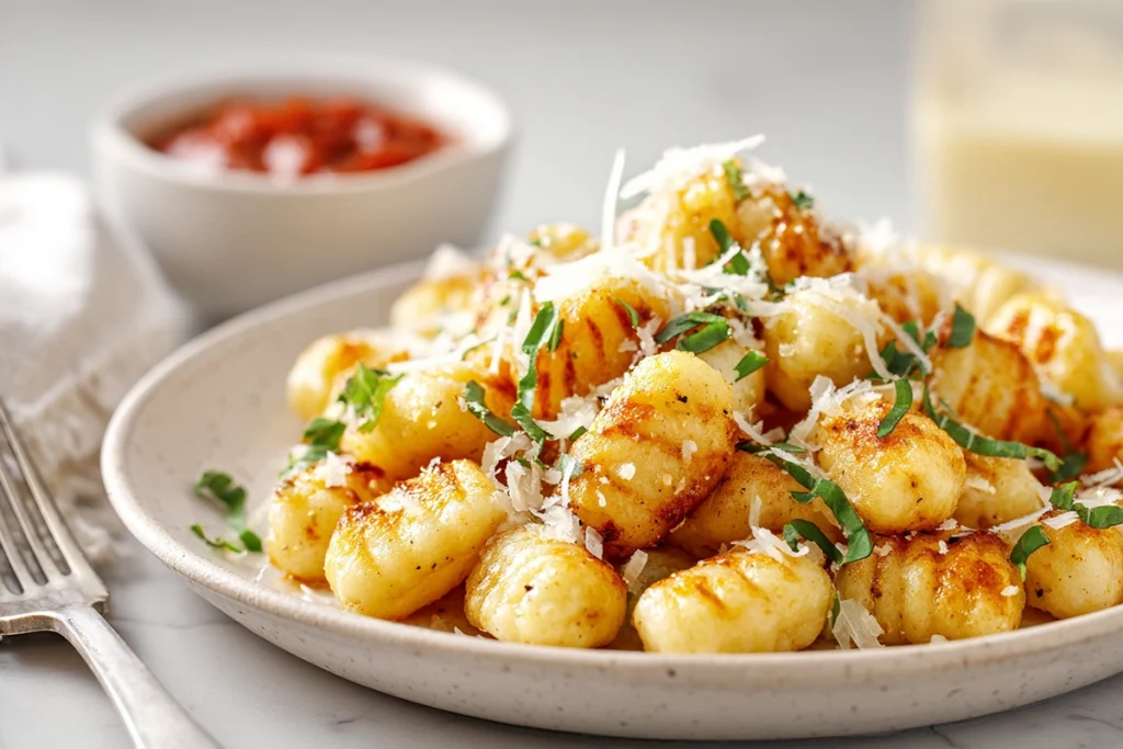 Crispy Air Fryer Gnocchi served in a modern bowl with marinara dipping sauce and herbs
