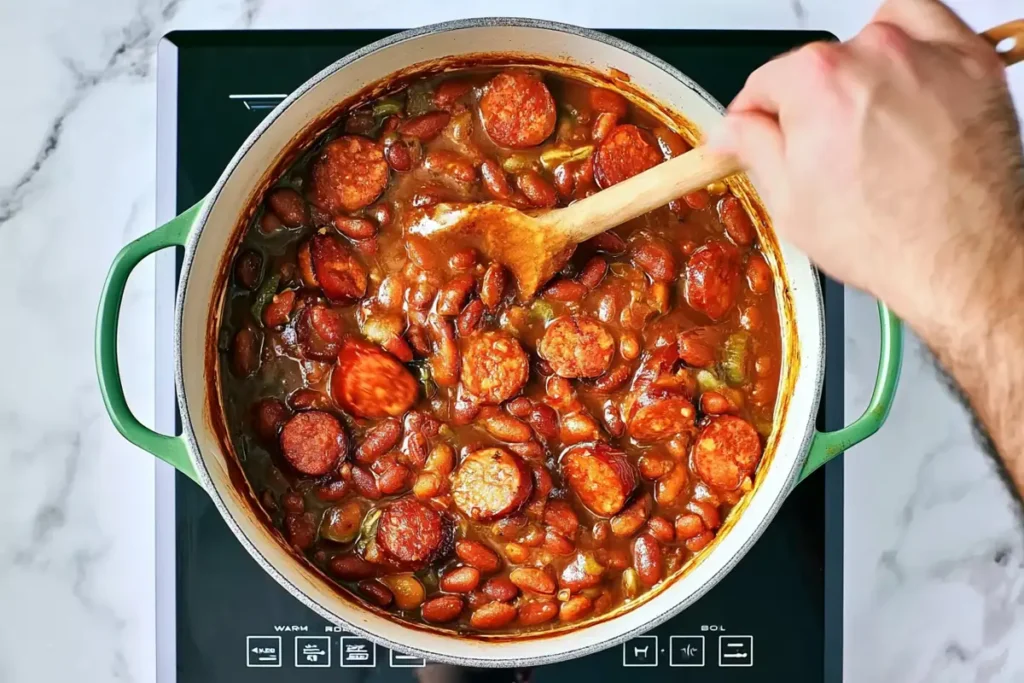 Louisiana Red Beans and Rice with Andouille Sausage 6 Andouille sausage simmering in Louisiana red beans and rice