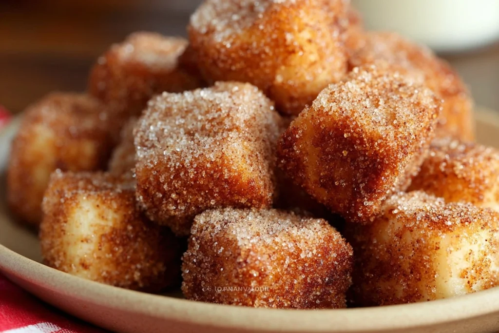 Close-up of Angel Cake Churro Bites being coated in cinnamon sugar