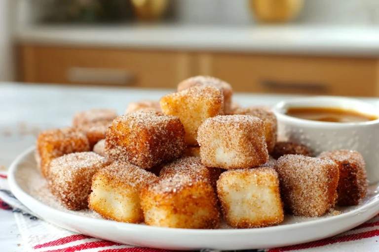 Photorealistic plate of Angel Cake Churro Bites styled in a modern kitchen