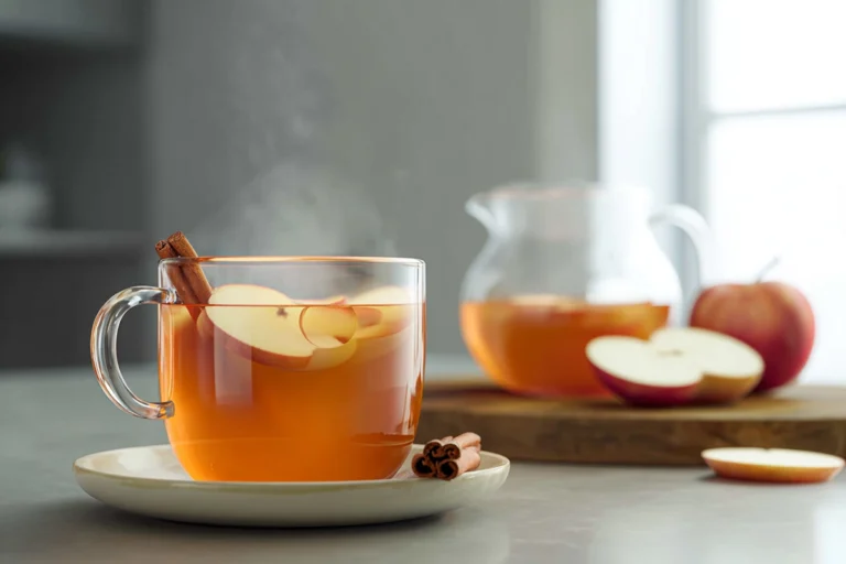 Photorealistic Apple Cinnamon Tea hero shot in modern kitchen