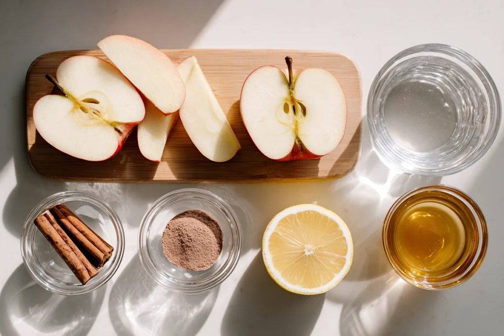 Overhead ingredients layout for Apple Cinnamon Tea recipe