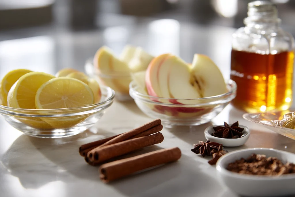 Ingredients and variations for Apple Cinnamon Tea in modern kitchen