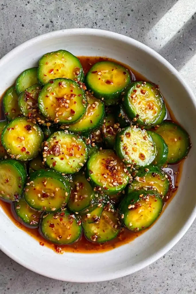 Asian Cucumber Salad with Chili Oil and Sesame 2 Asian cucumber salad with chili oil, sesame seeds, rice vinegar, soy sauce, and garlic