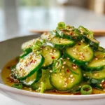 Asian cucumber salad with sesame soy dressing on white plate in modern kitchen