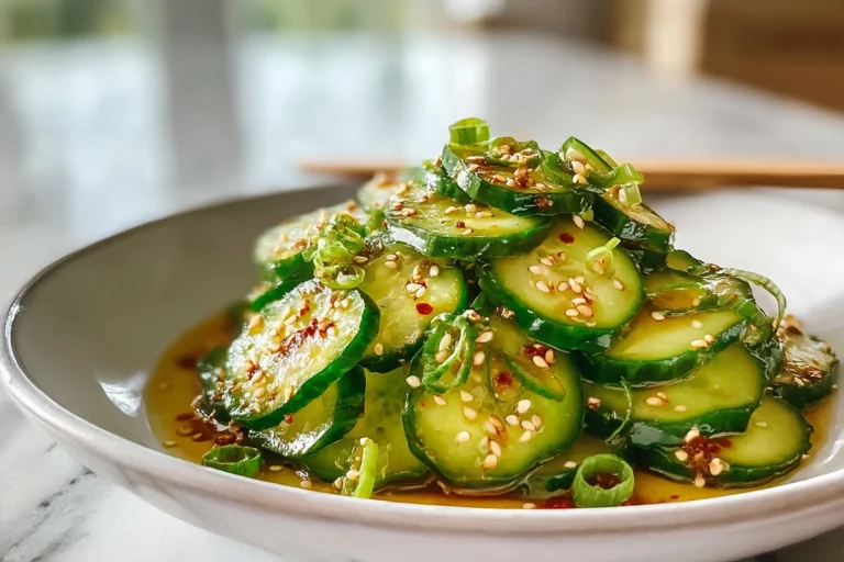 Asian cucumber salad with sesame soy dressing on white plate in modern kitchen