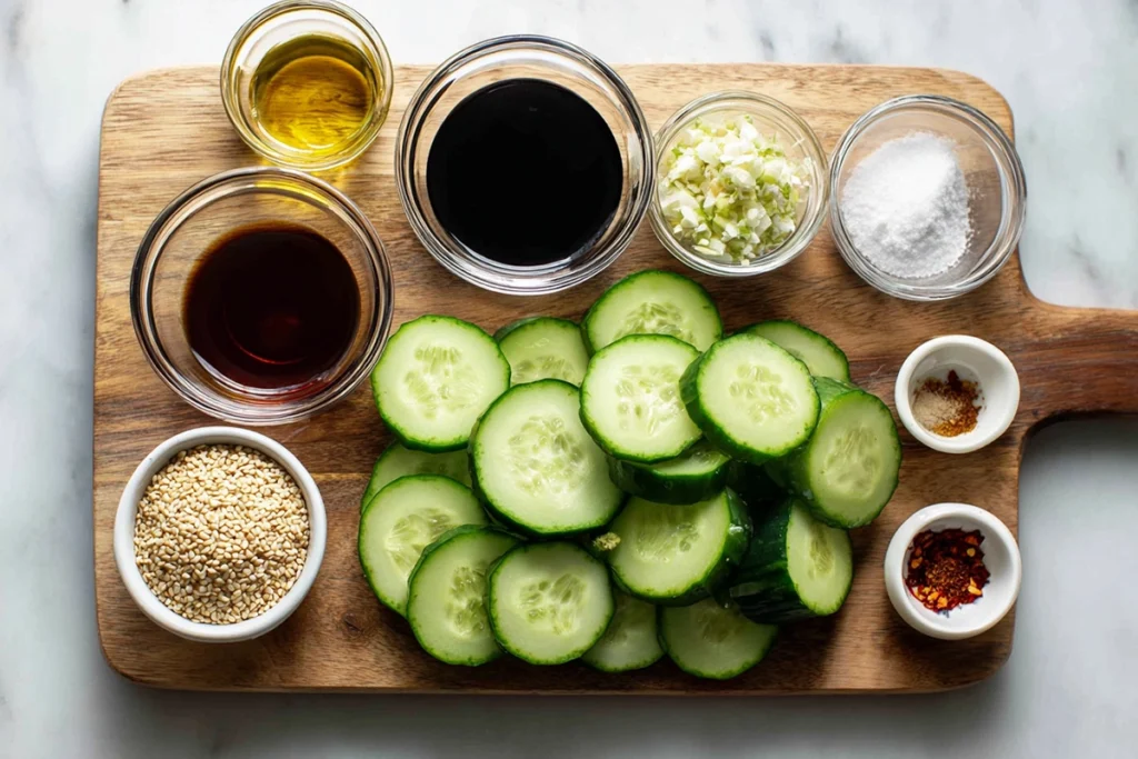 Overhead shot of Asian cucumber salad ingredients including cucumbers, soy sauce, rice vinegar, sesame oil, and garlic