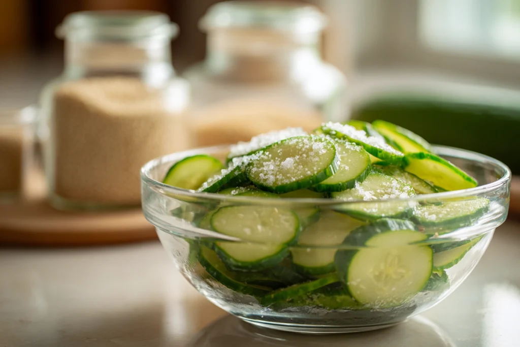 Close-up of salted cucumber slices in glass bowl for Asian cucumber salad