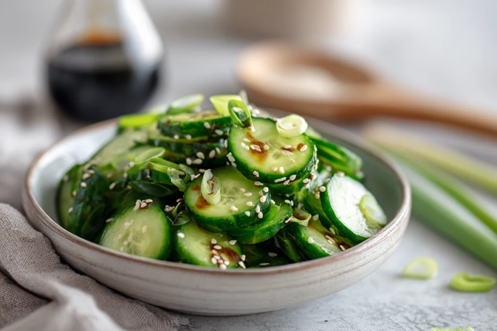 Close-up of Asian cucumber salad served in ceramic bowl with sesame seeds and scallions