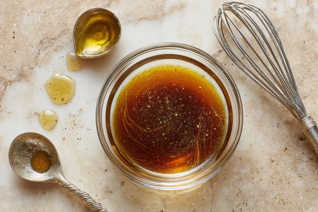 Overhead view of sesame soy dressing for Asian cucumber salad in a glass bowl