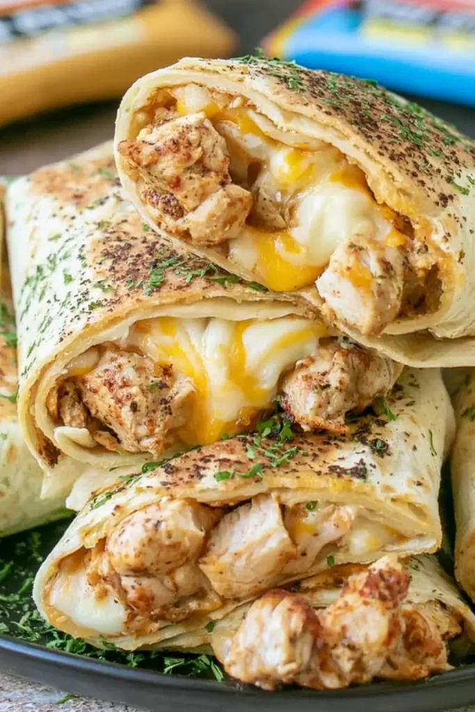 Cheesy Garlic Chicken Wraps for a Quick Weeknight Dinner 4 Assembled Cheesy Garlic Chicken Wraps toasted in a skillet until golden