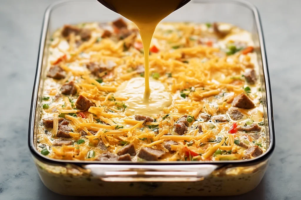 glass baking dish with layered breakfast casserole ingredients being prepared under natural light