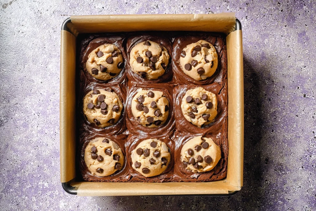 brownie batter topped with cookie dough for fudgy chewy browkies brookies