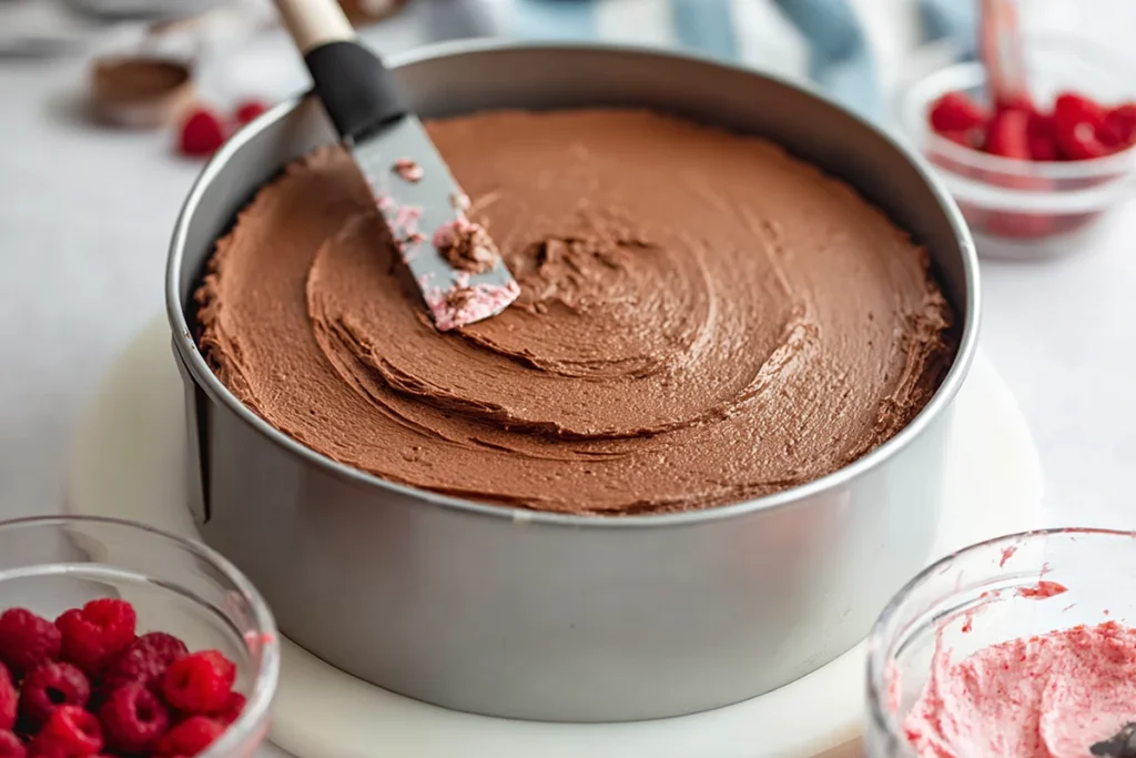 Layered Dark Chocolate Raspberry Mousse Cake being assembled in springform pan