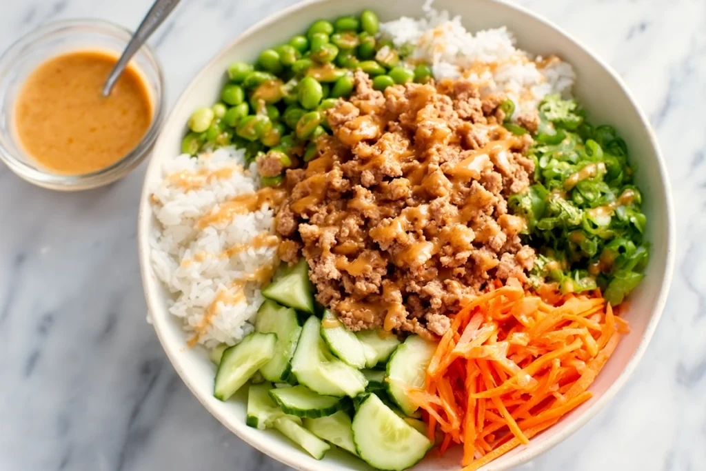 overhead view of assembling ground turkey rice bowls with rice turkey and vegetables