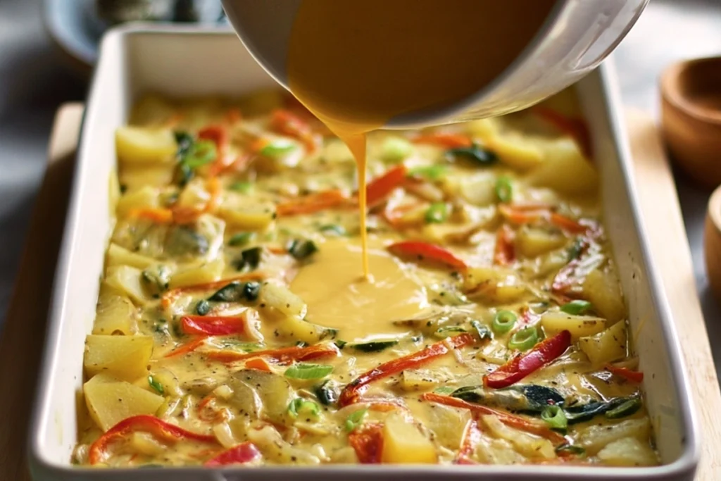 close-up of assembling potato and egg casserole with layers of potatoes, eggs, and vegetables