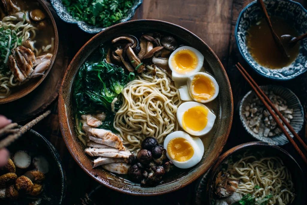 overhead image of a ramen bowl being assembled with toppings and broth