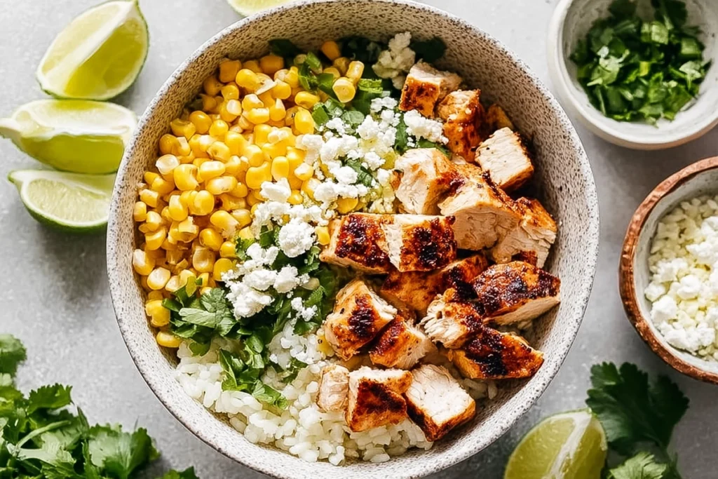 Overhead image of assembling a Street Corn Chicken Rice Bowl
