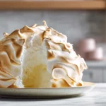 photorealistic baked alaska hero shot with toasted meringue in modern kitchen