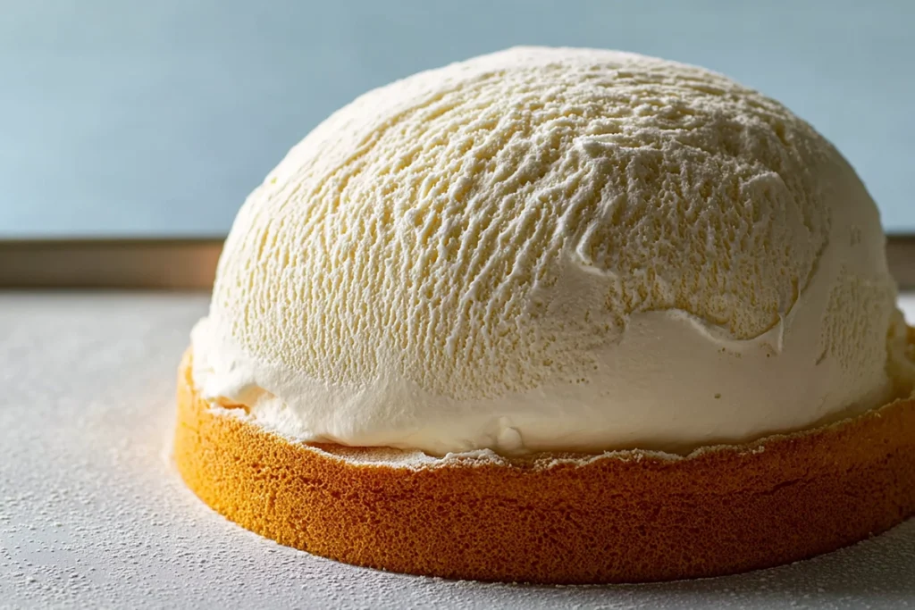 ice cream dome being assembled for baked alaska on sponge cake