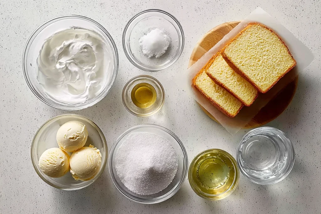 overhead ingredients layout for baked alaska on modern kitchen counter