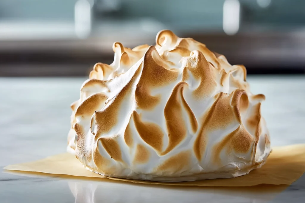 toasted meringue layer on baked alaska in bright modern kitchen