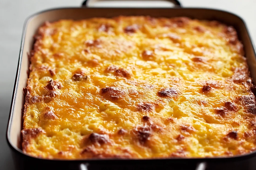 golden breakfast casserole fresh from the oven on marble countertop with visible steam