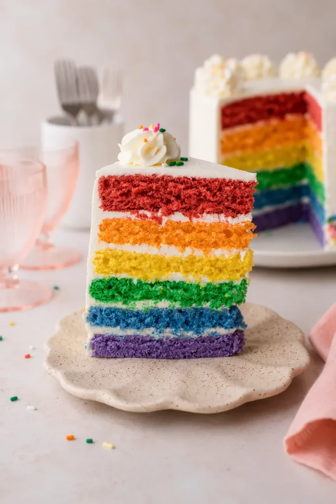 Colorful Layer Cake with Six Bright Celebration Layers 9 Baked colorful layer cake rounds shown in a six-layer slice