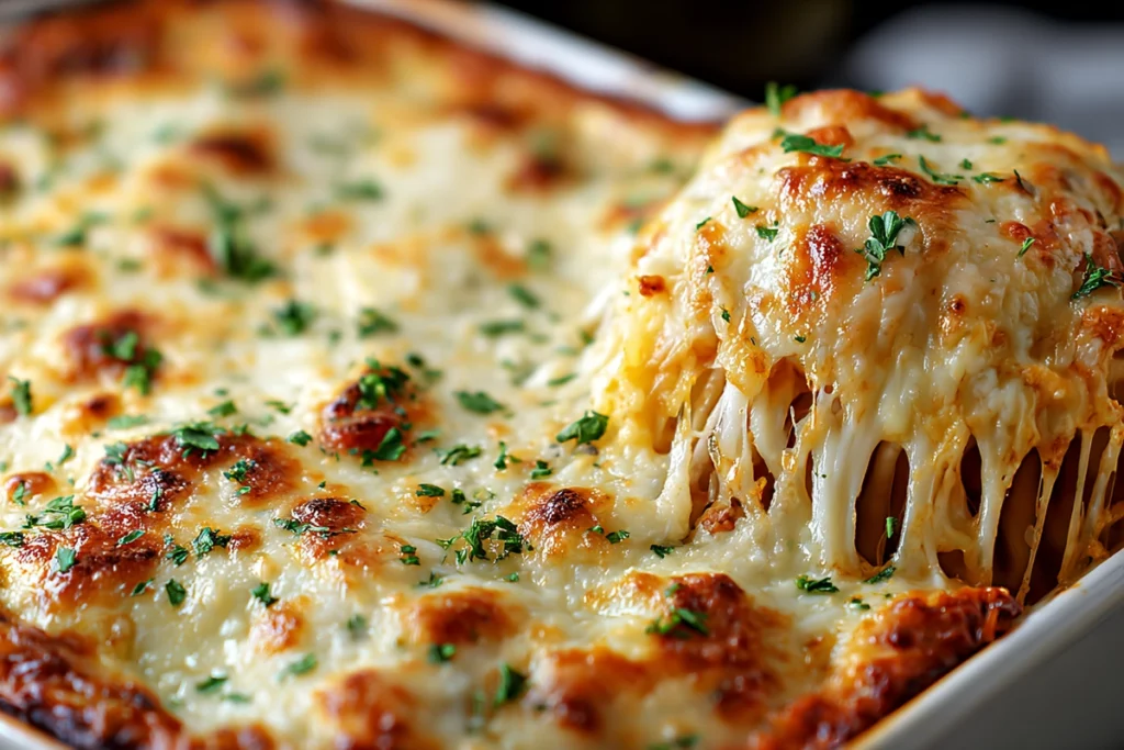 Close-up of golden cheesy topping on Baked Cream Cheese Spaghetti Casserole