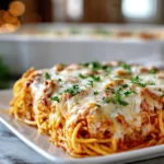 Finished Baked Cream Cheese Spaghetti Casserole hero shot in modern kitchen