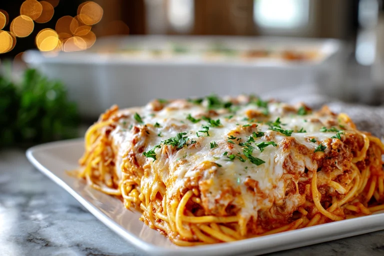 Finished Baked Cream Cheese Spaghetti Casserole hero shot in modern kitchen