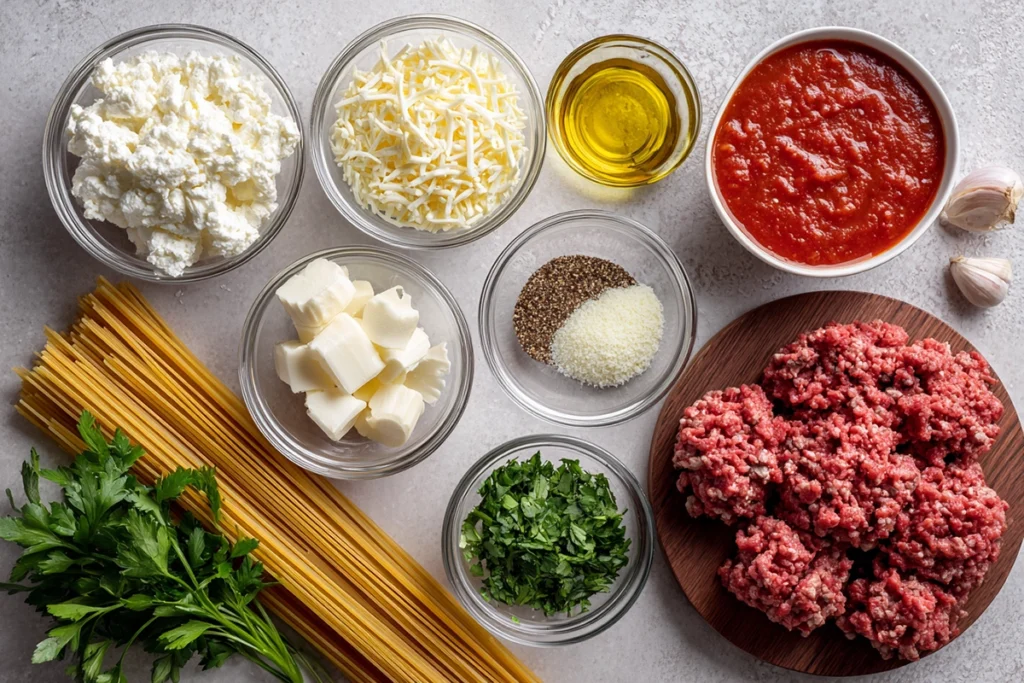 Overhead ingredients setup for Baked Cream Cheese Spaghetti Casserole