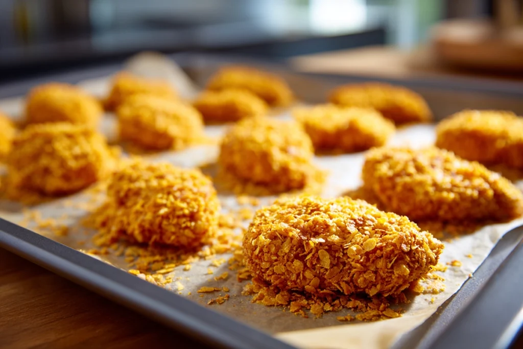 close-up of chicken coated in cornflake crust before baking hot honey chicken recipe