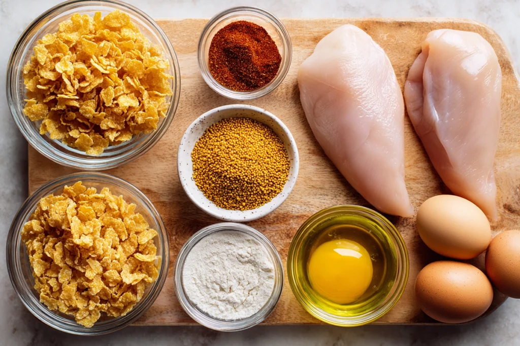 overhead view of ingredients for baked crunchy hot honey chicken including honey, cornflakes, and chicken breasts