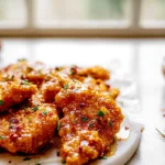 close-up of baked crunchy hot honey chicken plated on modern kitchen counter