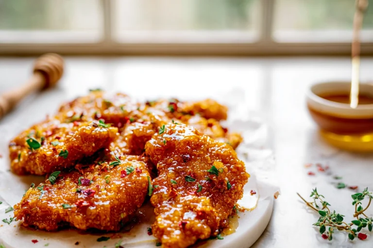 close-up of baked crunchy hot honey chicken plated on modern kitchen counter