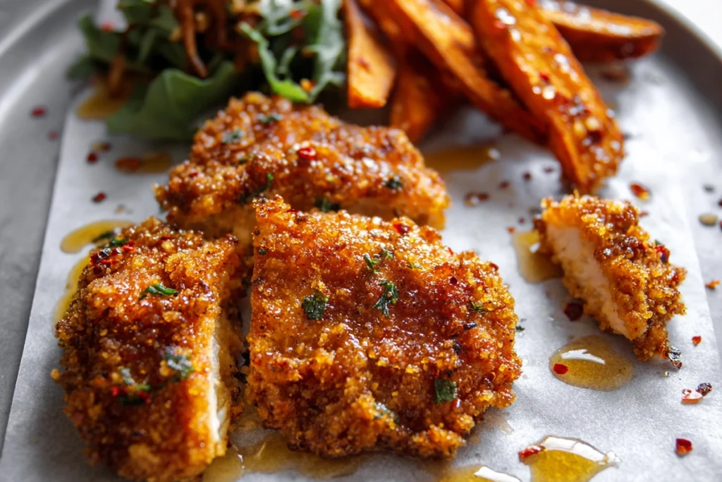 plated baked crunchy hot honey chicken with salad and sweet potato fries