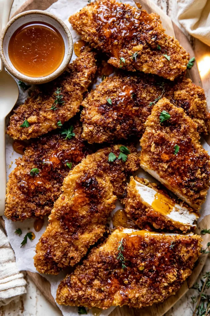 Baked Crunchy Hot Honey Chicken with a Cornflake Crust 8 Family-style platter of Baked Crunchy Hot Honey Chicken with extra sauce