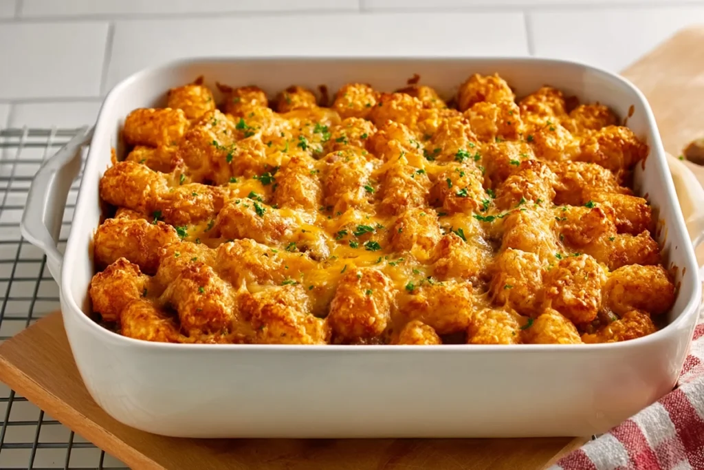 freshly baked tater tot casserole with ground beef in modern kitchen setting
