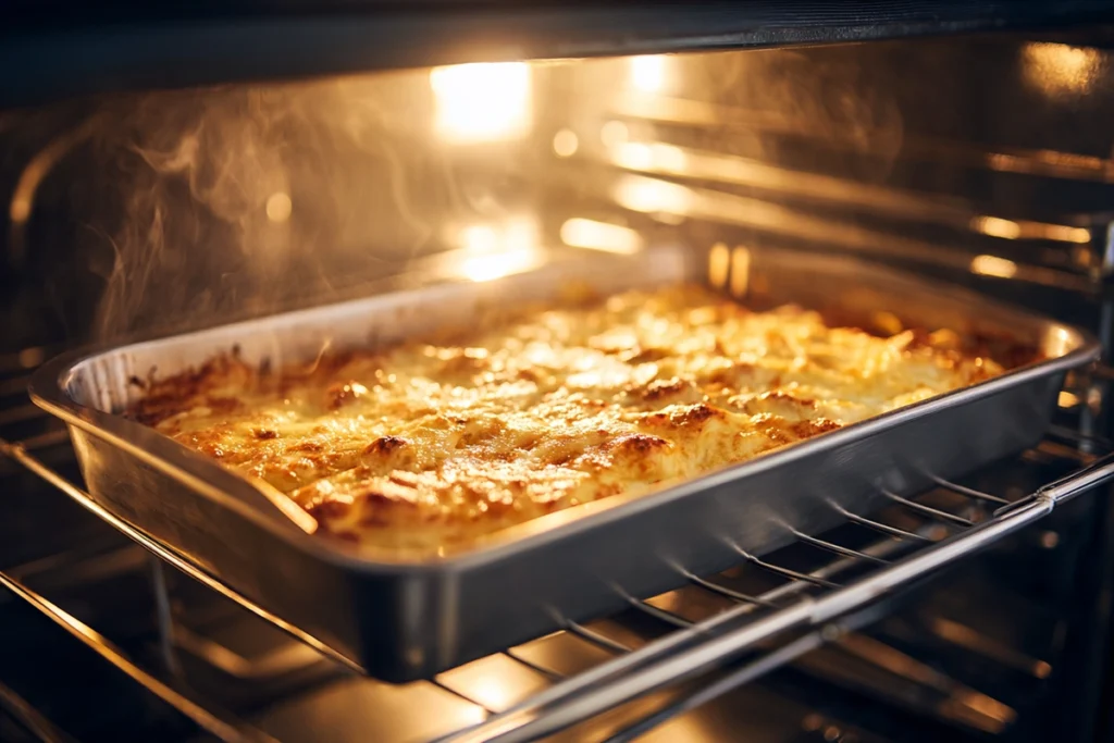 Ground Beef Enchiladas baking in the oven with melted cheese and bubbling sauce