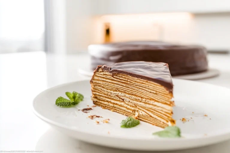 Photorealistic Baumkuchen slice on modern plate in bright kitchen