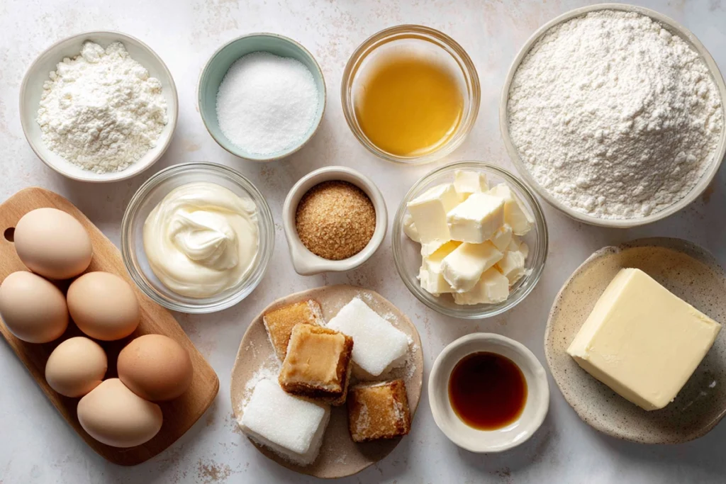 Overhead photo of Baumkuchen ingredients in glass bowls on white counter
